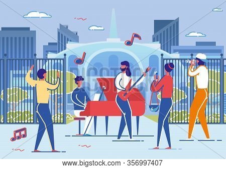 Artists Playing Piano And Guitar Outside Art Gallery Flat Cartoon Vector Illustration. Musician Char
