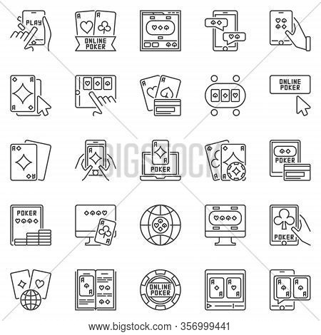 Online Poker Outline Icons Set - Vector Internet Card Game Concept Signs In Thin Line Style