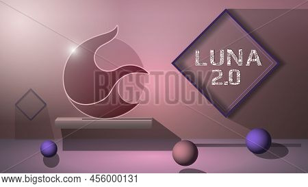 Terra Luna 2.0 New Logo With Balls On Floor And Frames On Wall In 3d Style. Website Header Or Banner