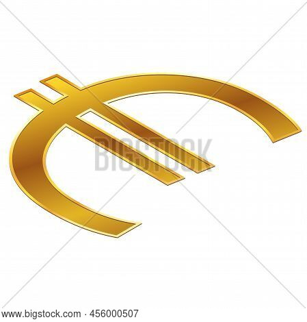 Euro Eur Currency Golden Sign Of European Union In Isometric Top View Isolated On White Background. 