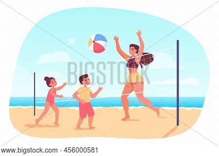 Mother Playing Volleyball With Children On Beach. Woman Throwing Ball Through Net To Boy And Girl On