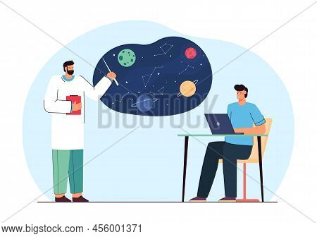 Astronomer Teaching Student About Space Or Universe. Pupil Studying Stars And Planets Flat Vector Il
