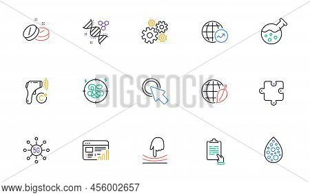 Puzzle, Chemistry Dna And Cogwheel Line Icons For Website, Printing. Collection Of Stress, World Sta