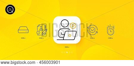 Approved, Algorithm And Video Conference Minimal Line Icons. Yellow Abstract Background. Mini Pc, Fa