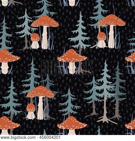 Trees And Fly Aragic Mushrooms Seamless Pattern. Stylish Forest Background, Vector Illustration