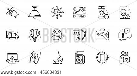Outline Set Of Dollar Rate, Shield And Cyber Attack Line Icons For Web Application. Talk, Informatio