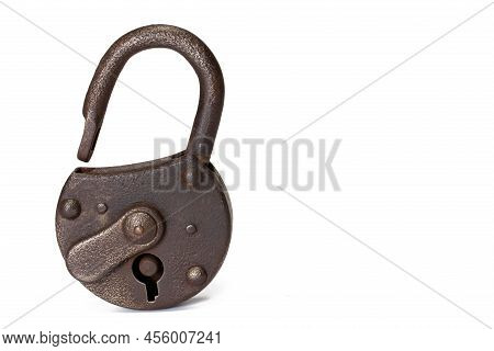 Old Rusty Shackle-lock Standing On White Background With Open Metal Shackle And Lock Guard On White 