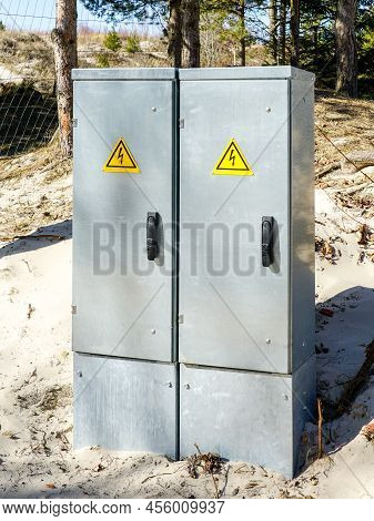 Two New Galvanized Metal Outdoor Electrical Power Supply And Distribution Cabinets