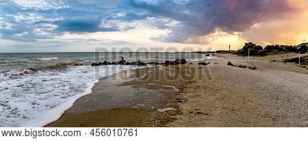 The Evening Sea Landscape At The Stormy Weather, Azov Sea, Ukraine