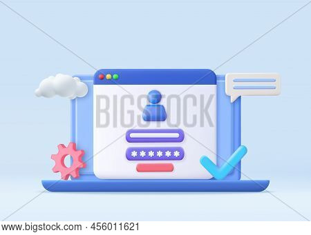 3d Computer And Account Login And Password Form Page On Screen. Sign In To Account, User Authorizati