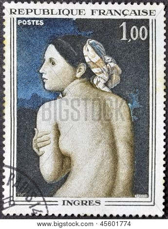 Eine Briefmarke gedruckt in Frankreich zeigt halb-Abbildung von einem Badenden von Jean-Auguste-Dominique Ingres