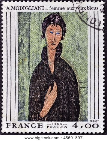 A stamp printed in France shows the work 