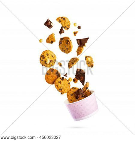 Cookies Levitation. Falling Cookies. Cookies Broken In Pieces With Crumbs.