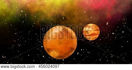 Space Universe Planet Floating In Starry Andomedra Solar System Hand Drawn Illustration