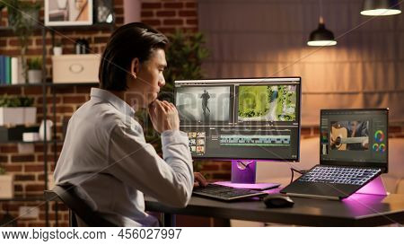 Graphic Designer Developing Movie Content On Editing Software, Using Creative Multimedia For Film Pr