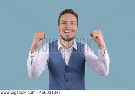 Concept Success And Achievement. Headshot Businessman With Happy Cheerful Smile, Reaching Life Goals
