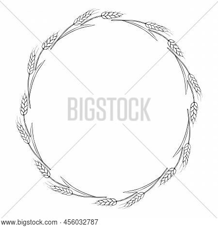 Round Frame Made Of Wheat Or Rye Ears. Vector Autumn Wreath, Border Hand Drawn In Doodle Style, Blac