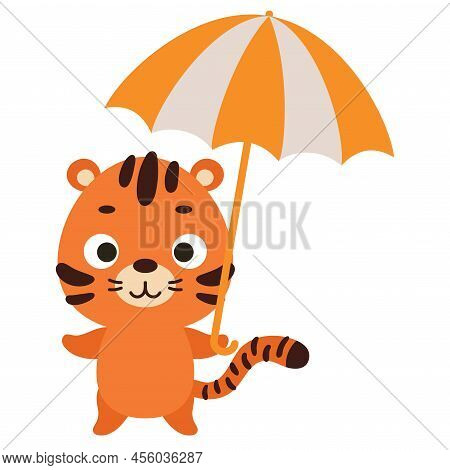Cute Little Tiger With Umbrella. Cartoon Animal Character For Kids T-shirts, Nursery Decoration, Bab