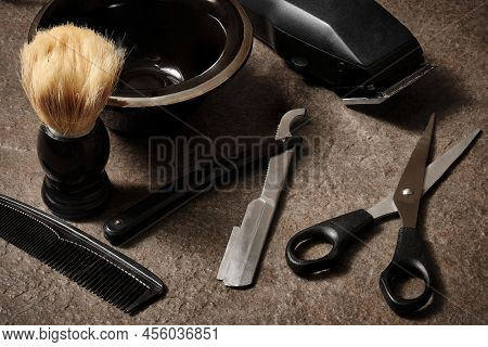 Barber Or Hairdresser Set. Hair Trimmer, Shears, Comb, Straight Razor, Shaving Bowl And Shaving Brus