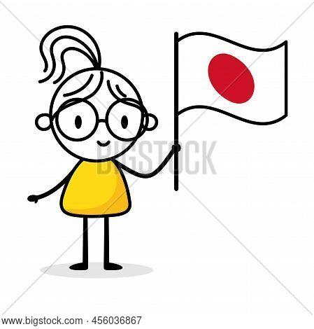 Woman Holding Flag Of Japan Isolated On White Background. Hand Drawn Doodle Line Art Man. Concept Of