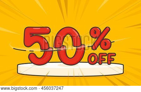 Fifty Percent Off Sale On White Pedestal Pop Art Style Kawaii Doodle Flat Vector Illustration