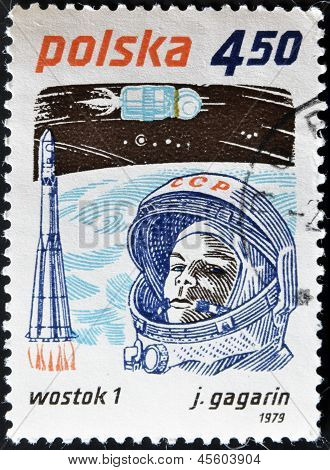 Et frimærke, trykt i Polen viser første nogensinde kosmonaut Jury Gagarin