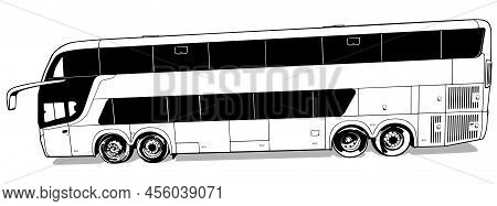 Drawing Of A Luxury Long-distance Bus From The Side View - Black Illustration Isolated On White Back
