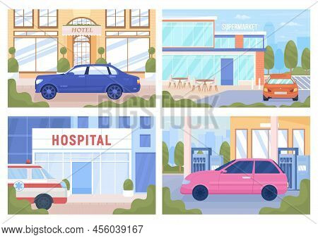 Urban Infrastructure Objects Flat Color Vector Illustrations Set. Fully Editable 2d Simple Cartoon C