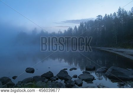 Morning Mist Over The River. Chirko-kem River. Karelia, Russia. August.