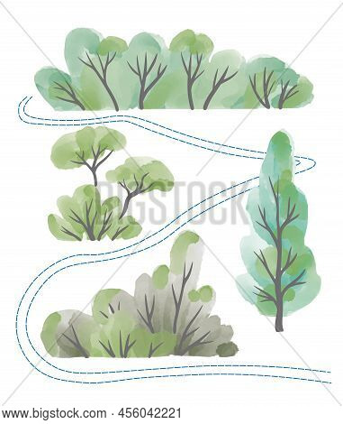 Set Of Handpainted Watercolor Vector Treess.design Element For Summer Wedding, Spring Congratulation