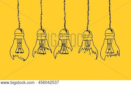 Set Of Broken Down Light Bulbs Hand Drawn On A Yellow Background. Uninspired Or Motivation, Burnout 