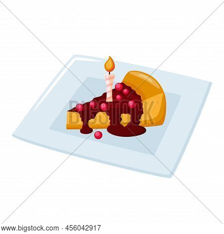 Piece Cake With Berries And Candle On Plate Isolated Vector Illustration. Portion Holiday Baking. Sp