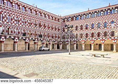 Badajoz,spain - May 25,2022 - View At The Colored Buildings In The Streets Of Badajoz. Badajoz Is Si