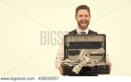 Financial Support. Investment. Happy Businessperson With Money Case. Investor Hold Case With Dollars
