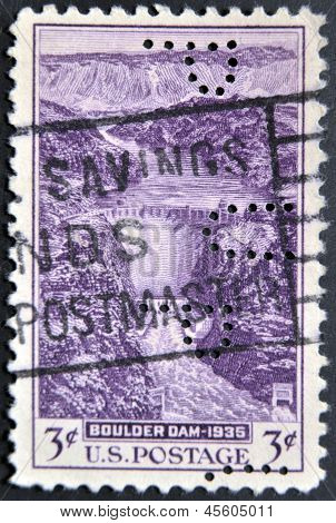 สหรัฐอเมริกา - เซอร์กา 1936: แสตมป์พิมพ์ โดยสหรัฐอเมริกาแสดงความสวยงามของเขื่อนโบลเดอร์