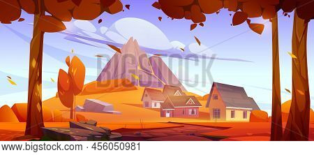 Autumn Landscape With Mountain, Village Houses And Trees. Vector Cartoon Illustration Of Country Sce