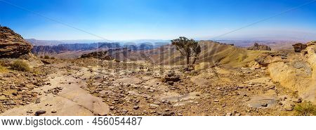 Panoramic View Of Desert Mountain Landscape, Near Petra, In Southern Jordan