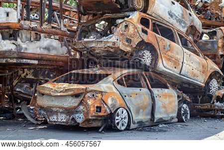 A Lot Of Rusty Burnt Cars In Irpen, After Being Shot By The Russian Military. Russia's War Against U