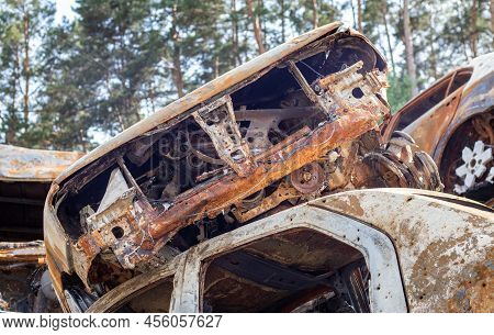 A Lot Of Rusty Burnt Cars In Irpen, After Being Shot By The Russian Military. Russia's War Against U