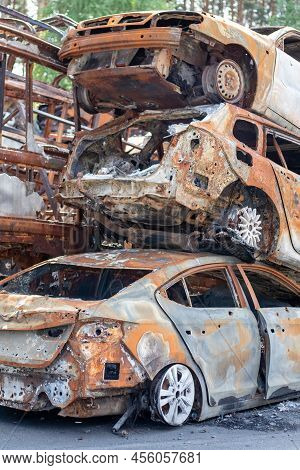 A Lot Of Rusty Burnt Cars In Irpen, After Being Shot By The Russian Military. Russia's War Against U