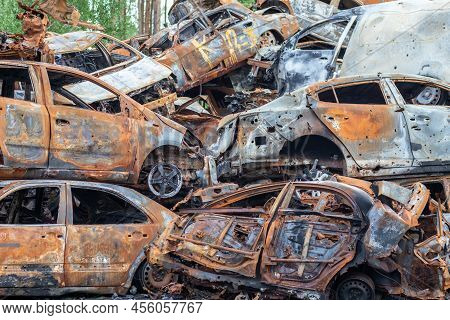 A Lot Of Rusty Burnt Cars In Irpen, After Being Shot By The Russian Military. Russia's War Against U