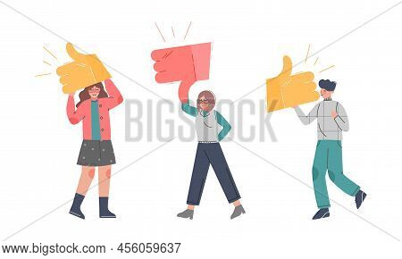 Young Man And Woman Holding Thumb Up And Down Sign As Notification Of Approval And Disapproval Vecto