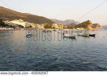 Petrovac ,montenegro - August 23, 2021: Boats At Harbour In Small Tourist Town Of Petrovac At Sunset