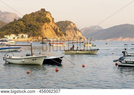 Petrovac ,montenegro - August 23, 2021: Boats At Harbour In Small Tourist Town Of Petrovac At Sunset