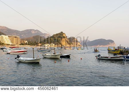 Petrovac ,montenegro - August 23, 2021: Boats At Harbour In Small Tourist Town Of Petrovac At Sunset