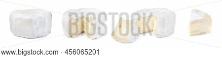 Set With Delicious Camambert Cheese On White Background. Banner Design