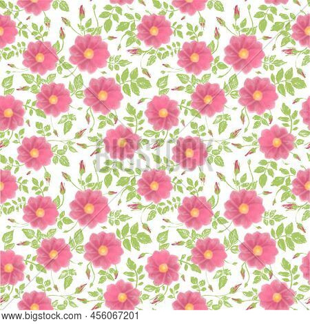 Roseship Siamless Pattern. Hand Drawn Simple Abstract Flowers Print. Trendy Bright Collage Pattern.