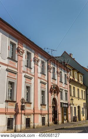 Litomerice, Czech Republic - September 12, 2020: Colorful Houses At A Cobblestoned Street In Litomer