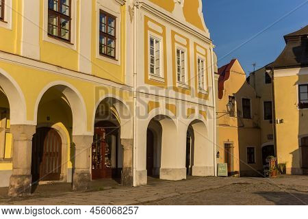 Telc, Czech Republic - September 14, 2020: Warm Evening Light At The Market Square Of Telc, Czech Re