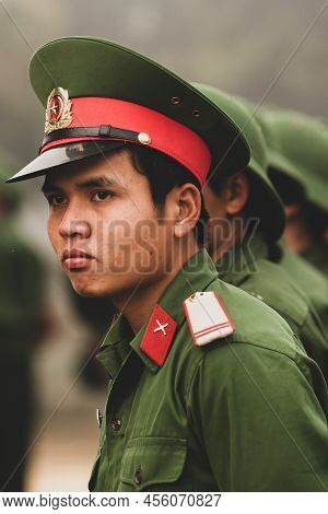 Dien Bien Phu, Vietnam - February 26, 2012: A Group Of Young Vietnamese Soldiers During A Site Visit